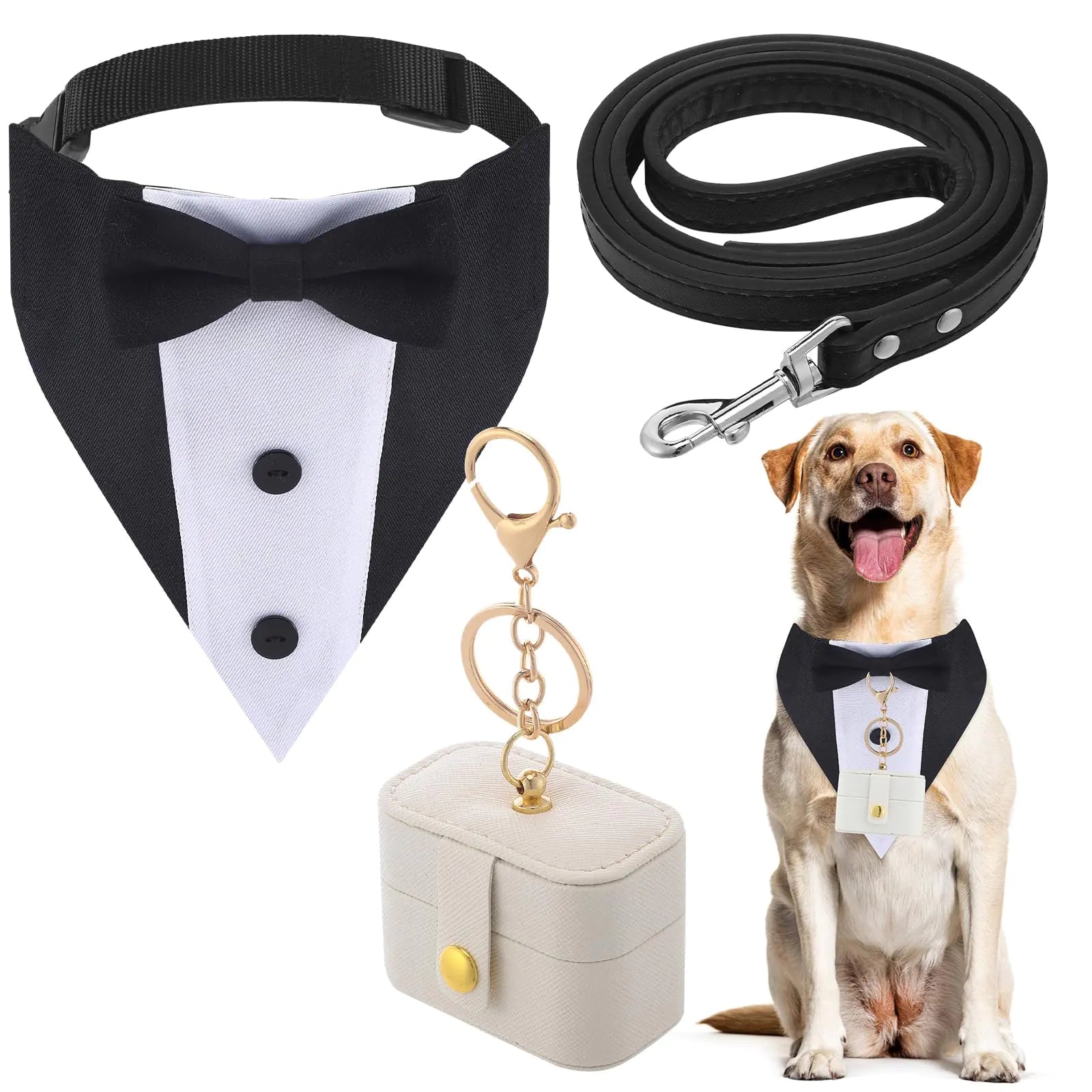 3 Pcs Dog Wedding Collar Outfit Include Dog Tuxedo Wedding Ring Bearer Wedding Ring Holder Pouch Box Adjustable Dog Neck Bow Tie with Leash for Pet Wedding(Tuxedo StyleL)