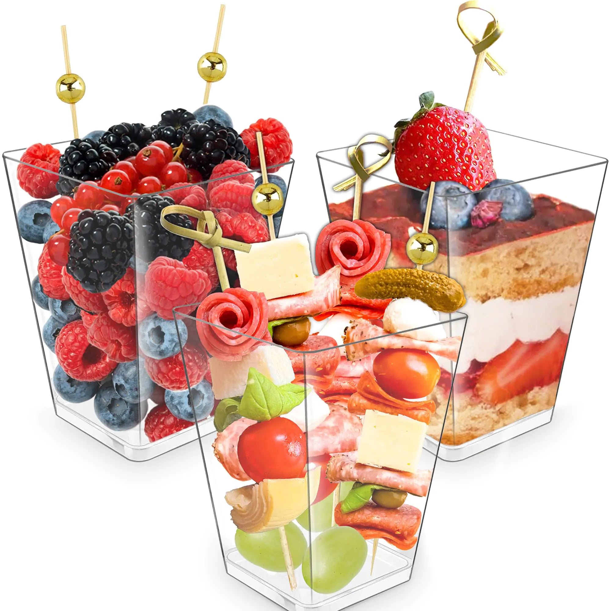 50pk 5oz Plastic Charcuterie Cups with 200 Cocktail Picks (2 Types) - Disposable Clear Appetizer Cups