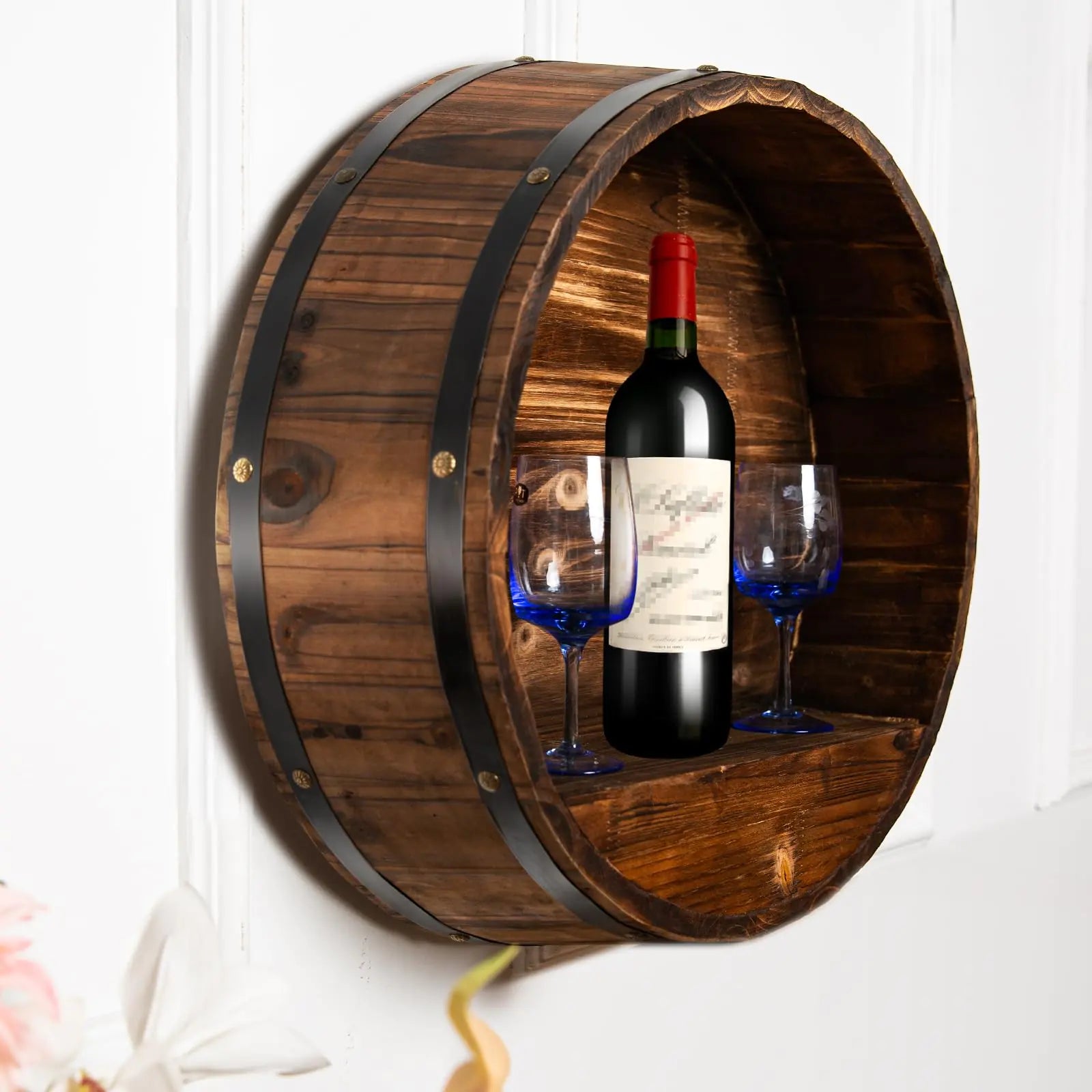 Whiskey Barrel Decor Bourbon Whiskey Barrel Shelf Wall Mount Wine Rack Oak Barrel Wine Bottle Holder Rustic Wine Rack Wood for Vintage Wine Bar and Home Décor (Small)