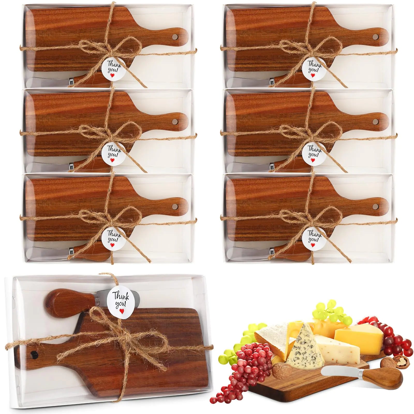 6 Pack Cheese Board and Cheese Spreader Knive Set Cutting board bulk with Gift Boxes Mini Charcuterie Boards Serving Board for Christmas Wedding Bridal Shower Birthday Supplies (Acacia Wood)
